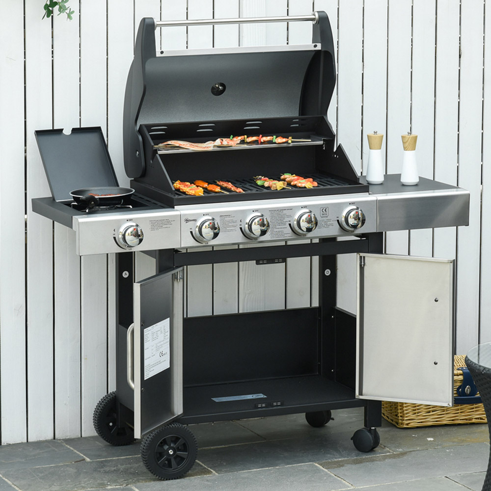 Outsunny Silver and Black Deluxe Gas 4 + 1 Burner BBQ Grill Image 2