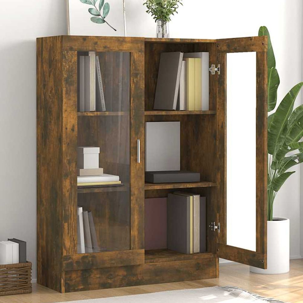 vidaXL 2 Door 3 Shelf Smoked Oak Vitrine Cabinet Image 1