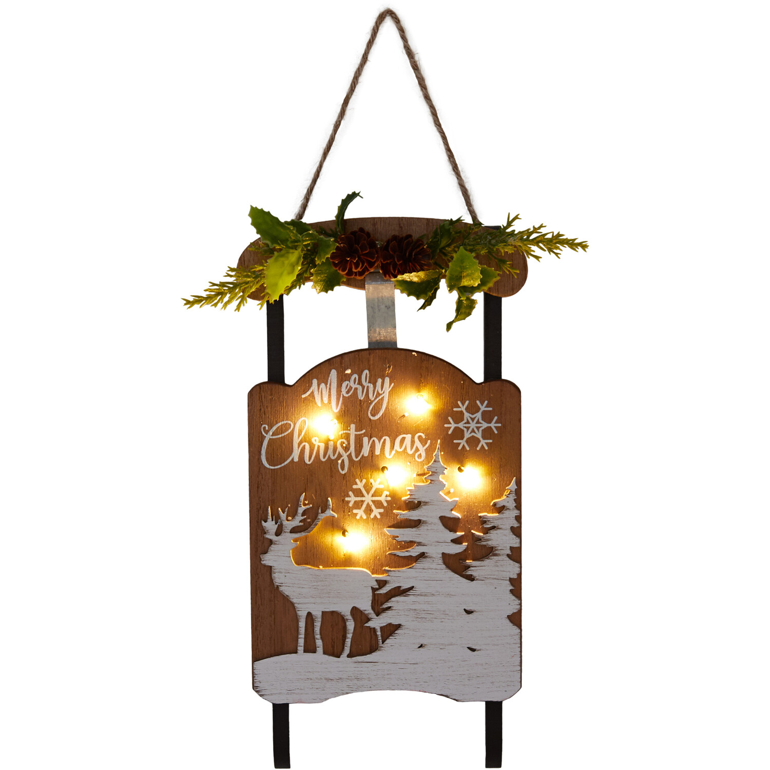 Scandi LED Hanging Sleigh Plaque - Wood Image 3
