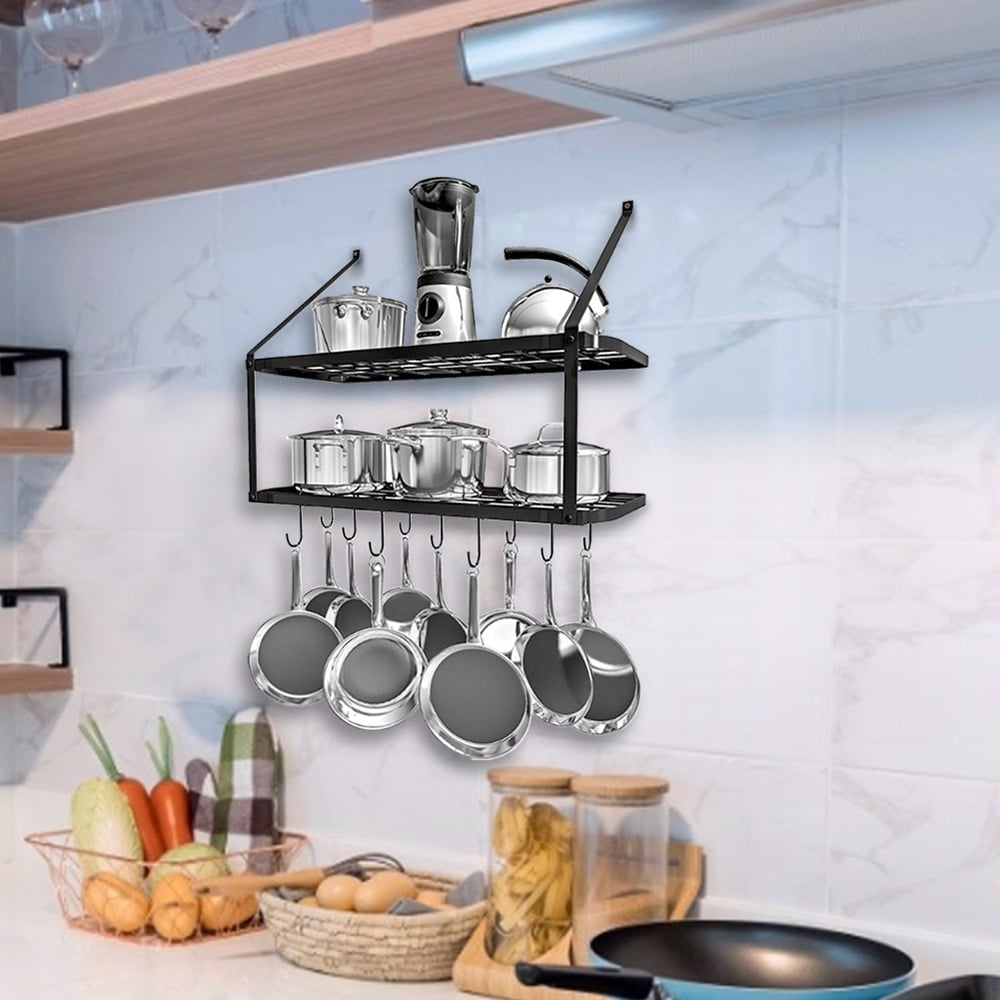 Living and Home Black Metal 2-Tier Wall-Mounted Pot Rack Image 5