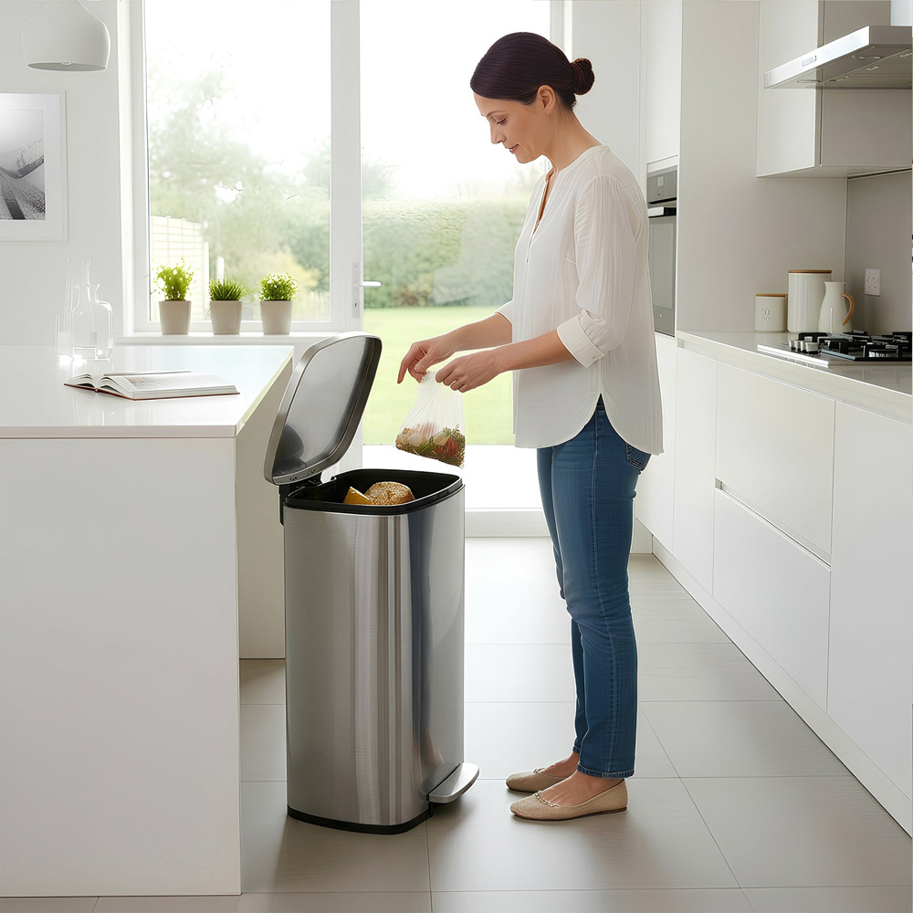 Harbour Housewares Brushed Square Stainless Steel Kitchen Pedal Bin 50L Image 3