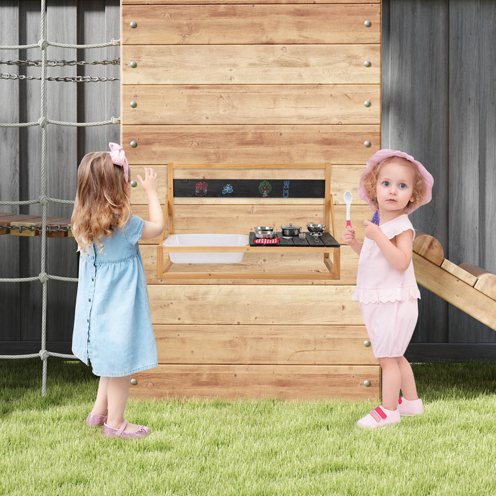 Costway Kids Natural Fir Wood Kitchen Play Set with Hanging Hooks and Blackboard Image 2