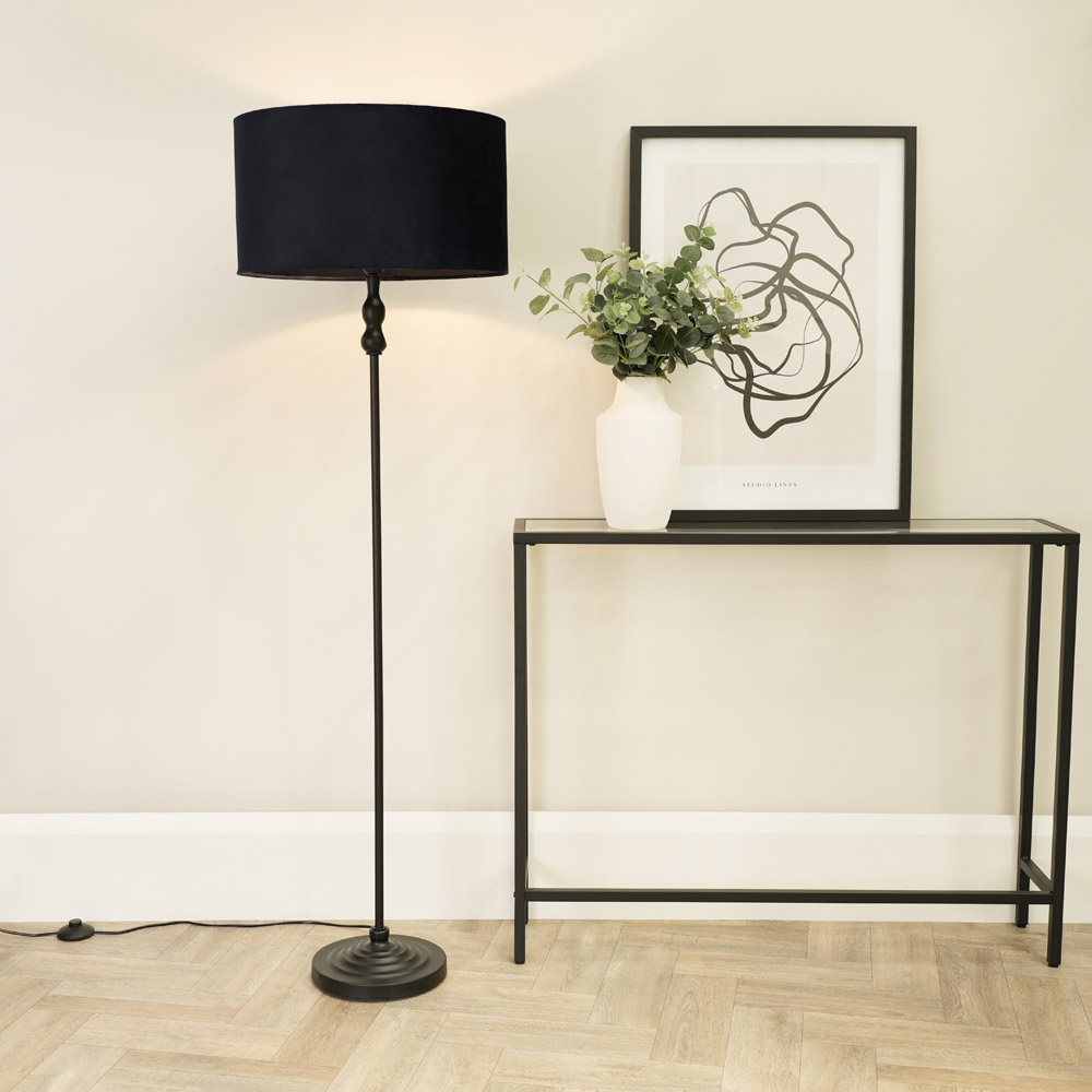 ValueLights Maggie Black Velvet Shade Black Metal Candlestick Floor Lamp Image 2