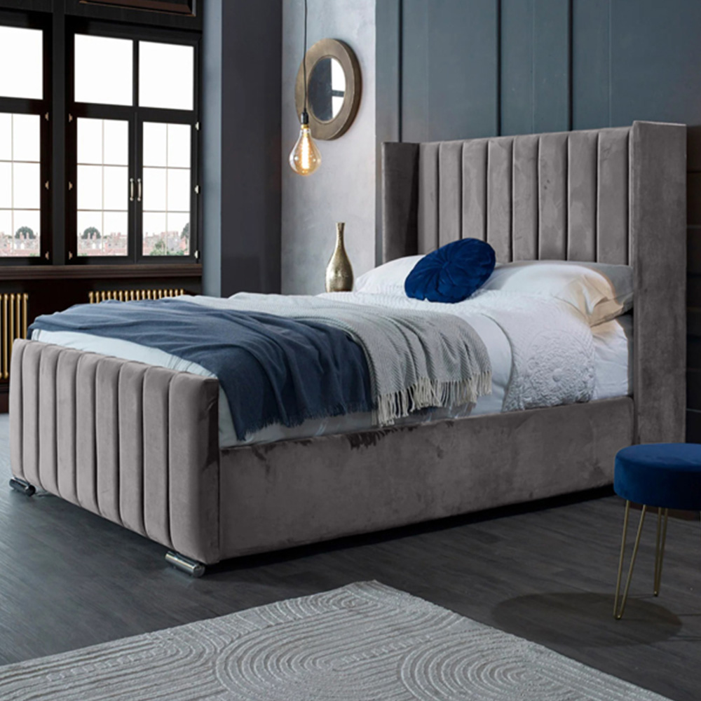 Eleganza Home Meriso Super King Size Silver Plush Velvet Bed Frame with Winged Headboard Image 1