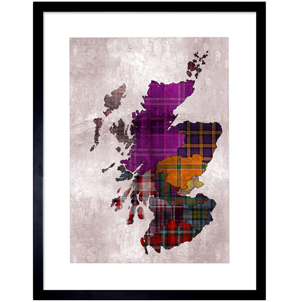 Wee Blue Coo Map of Scotland Tartan Clans Framed Wall Art Print 23 x 18cm Image 1