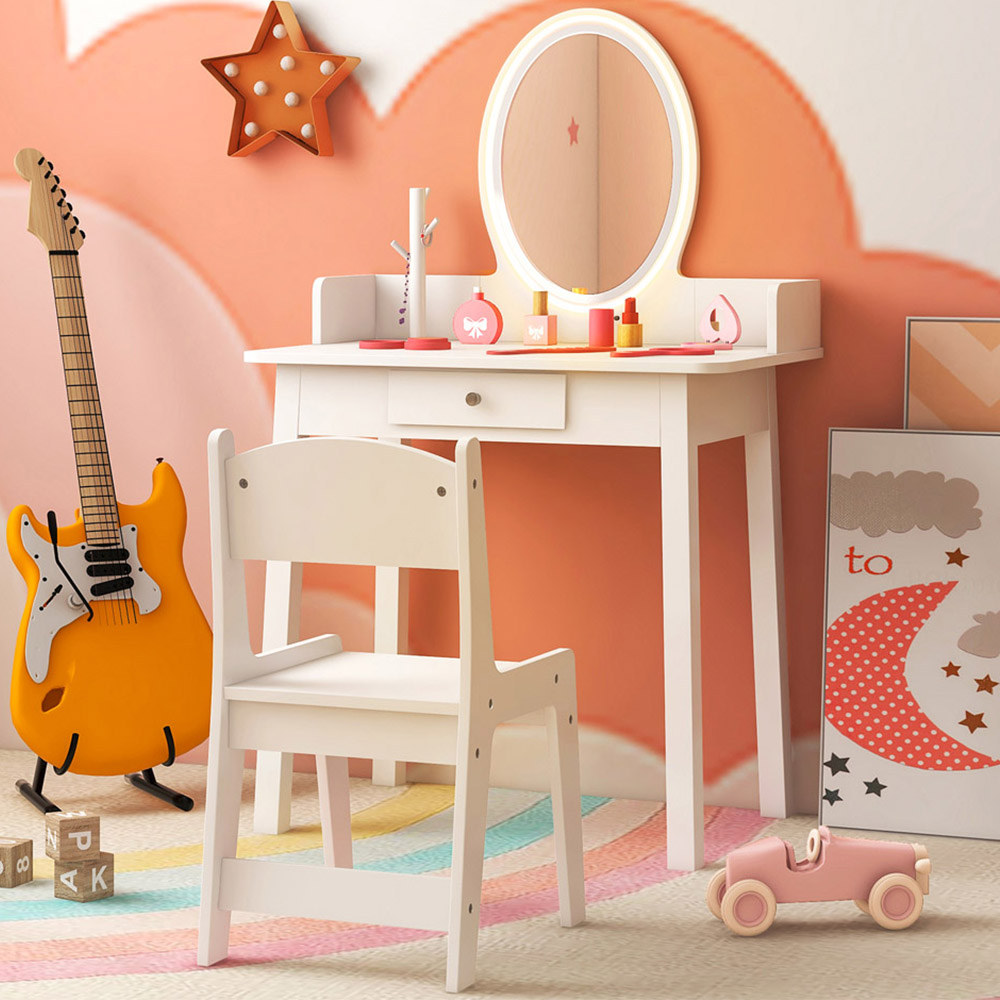 Costway Kids White Vanity Table and Chair Set with LED Mirror Wilko
