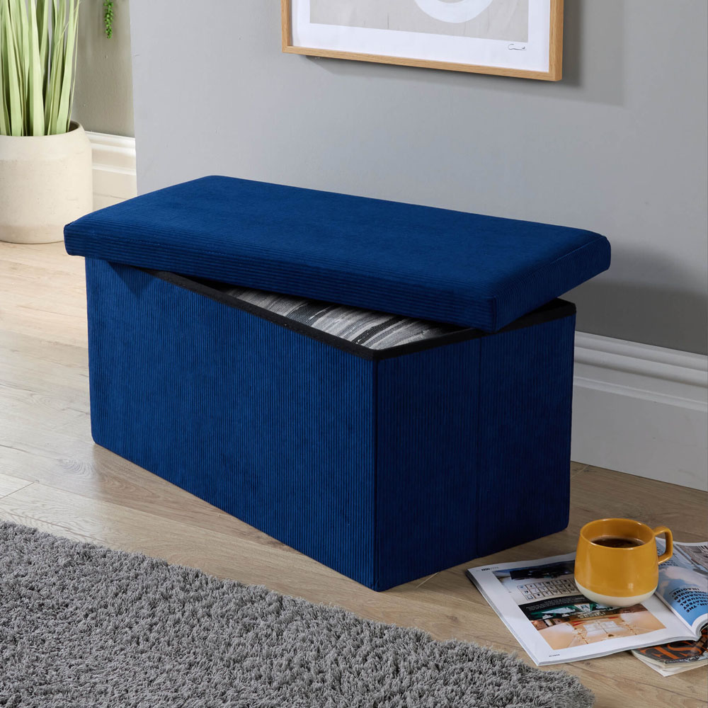 Home Source Blue Corduroy Upholstered Folding Ottoman Image 3