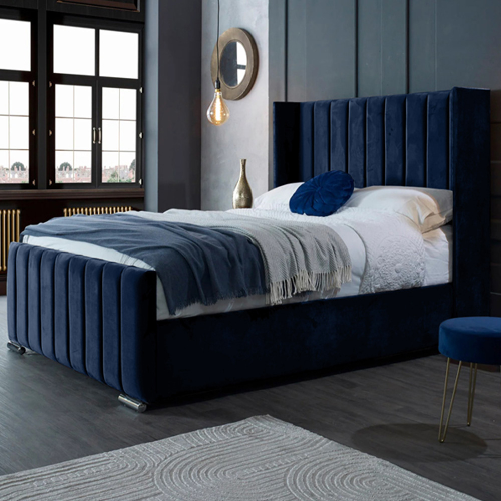 Eleganza Home Meriso Double Blue Plush Velvet Bed Frame with Winged Headboard Image 1