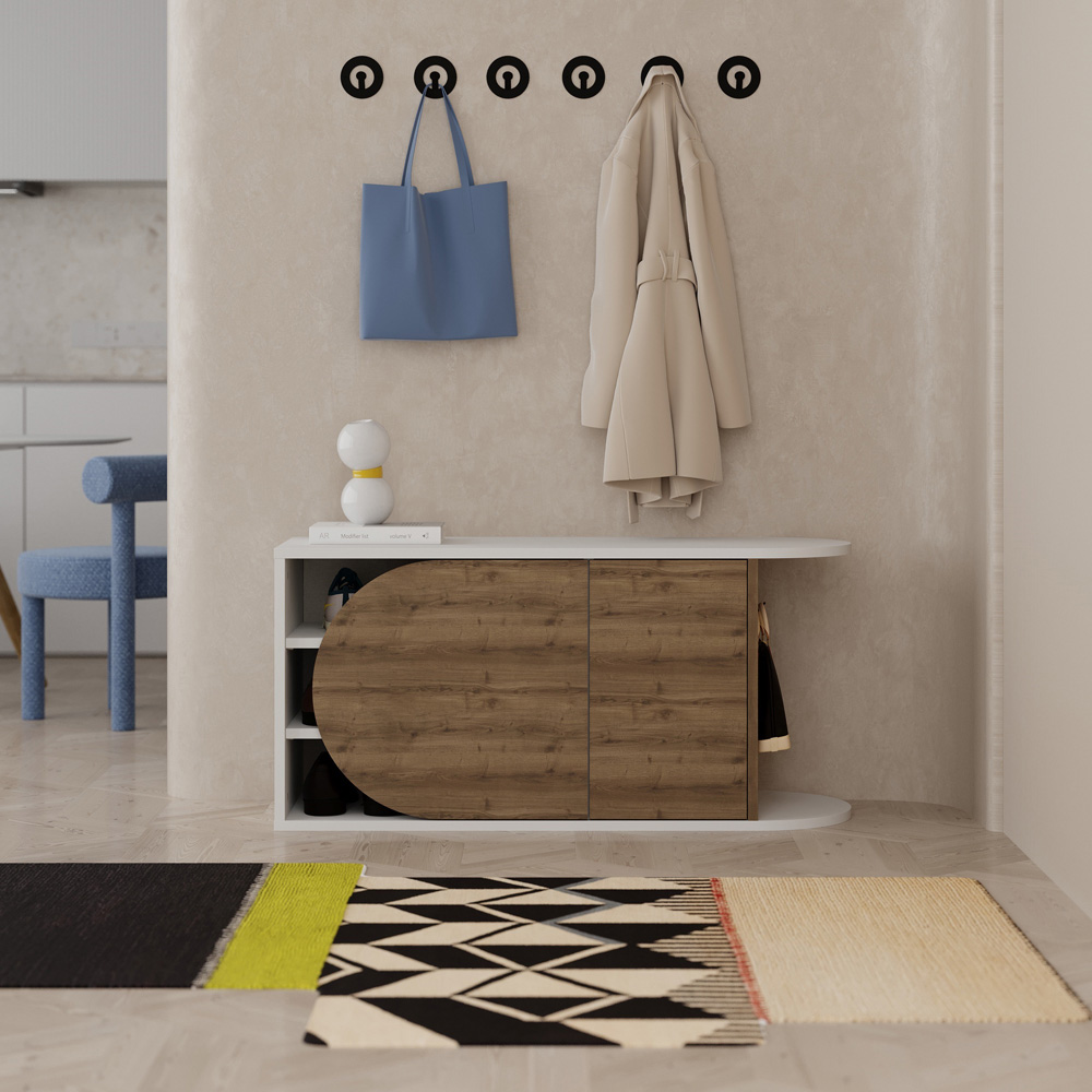Decortie Nova 2 Door White Dark Oak Effect Modern Shoe Storage Bench with Hook Image 4