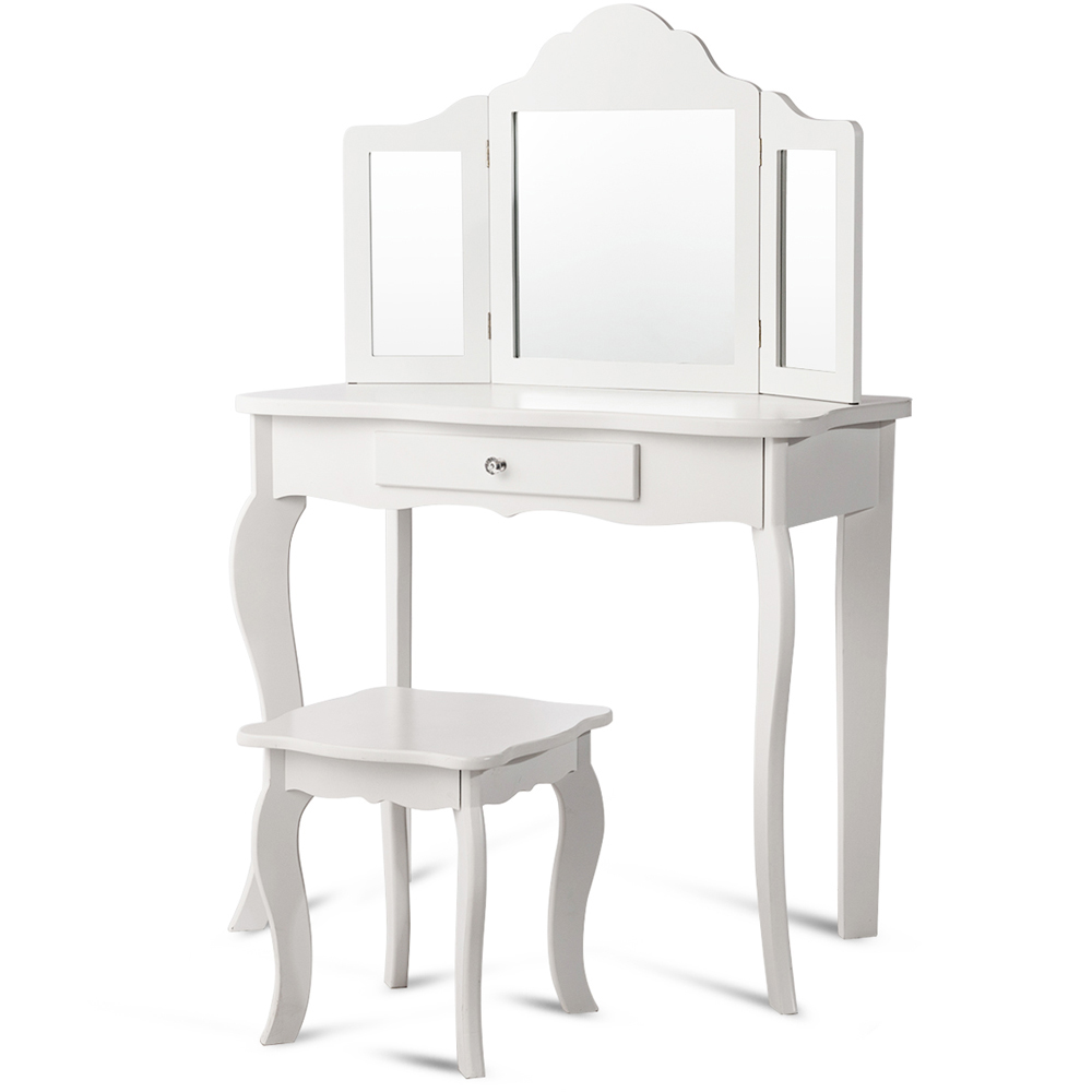 Costway Kids Single Drawer White Vanity Dressing Table Set with Mirror Image 2