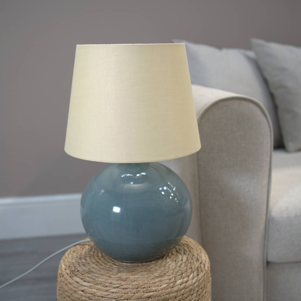ValueLights Bosco Eucalyptus Teal Beige Fabric Tapered Shade Ceramic LED Table Lamp Image 3