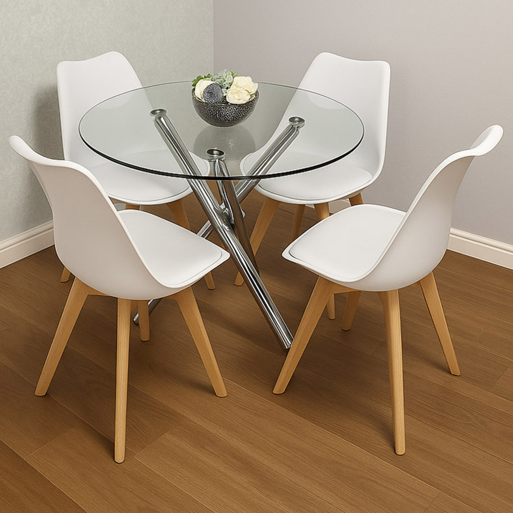 Kosy Koala 4 Seater Clear Glass Faux Leather Round Dining Set White Image 1