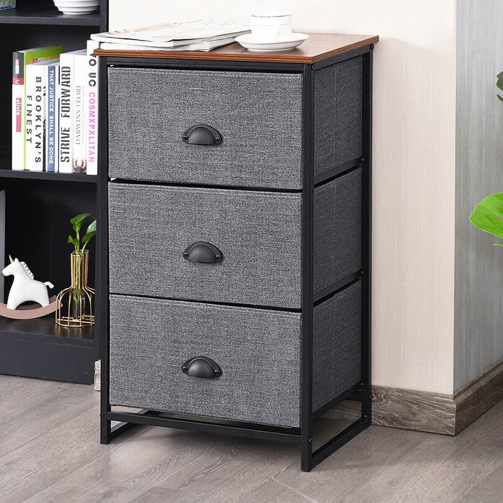 Costway Black 3 Drawer Fabric Nightstand Bedside Storage Cabinet Image 1