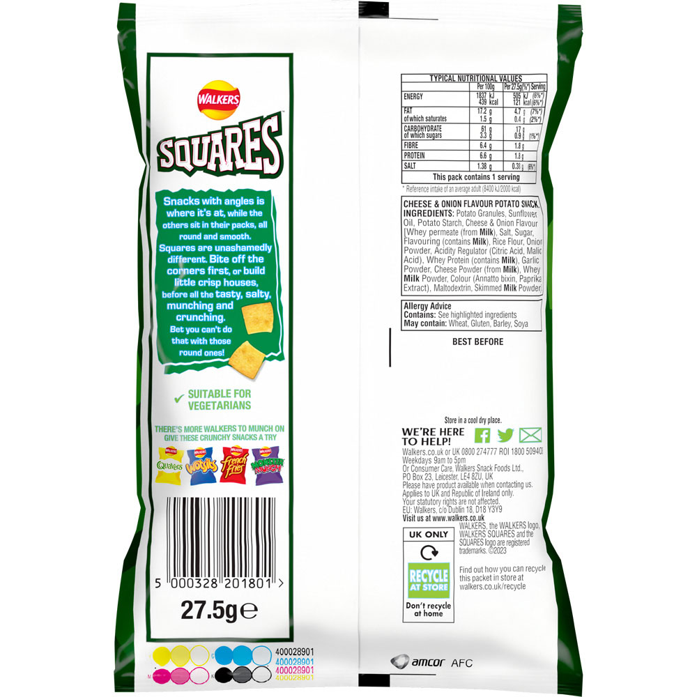 Walkers Squares Cheese and Onion Snacks Crisps 27.5g Wilko