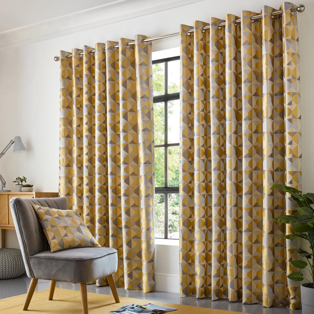 Alan Symonds Scandi Ochre Grey Silver Jacquard Lined Ring Top Eyelet Curtains 117 x 228cm Image 1