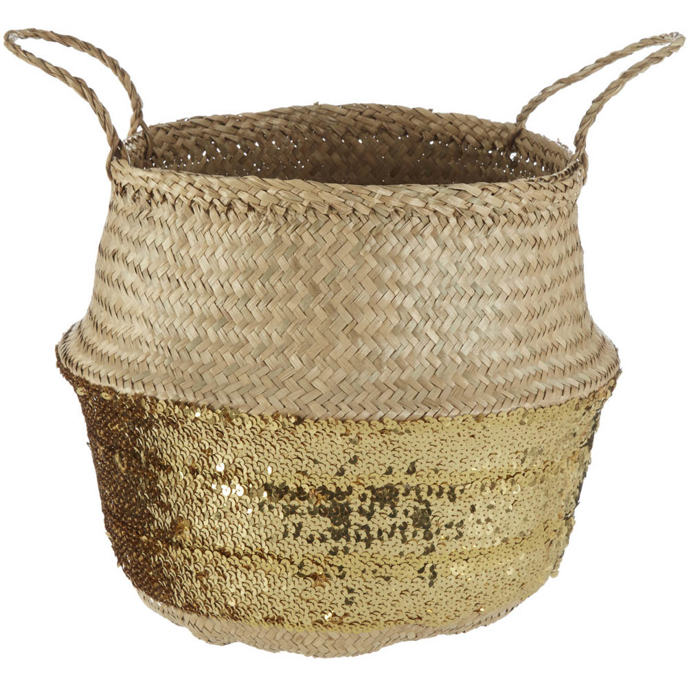 Premier Housewares Gold Sequin and Natural Large Seagrass Basket Image 1