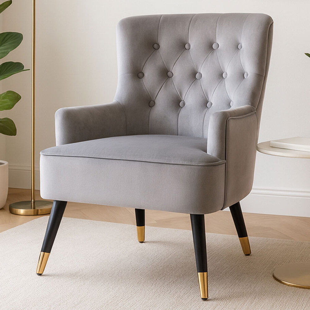 Premier Housewares Loretta Grey Velvet Tufted Accent Chair Image 1