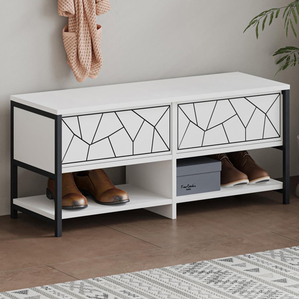 Decortie Inola 2 Door 2 Shelf White Geometric Shoe Cabinet Image 1