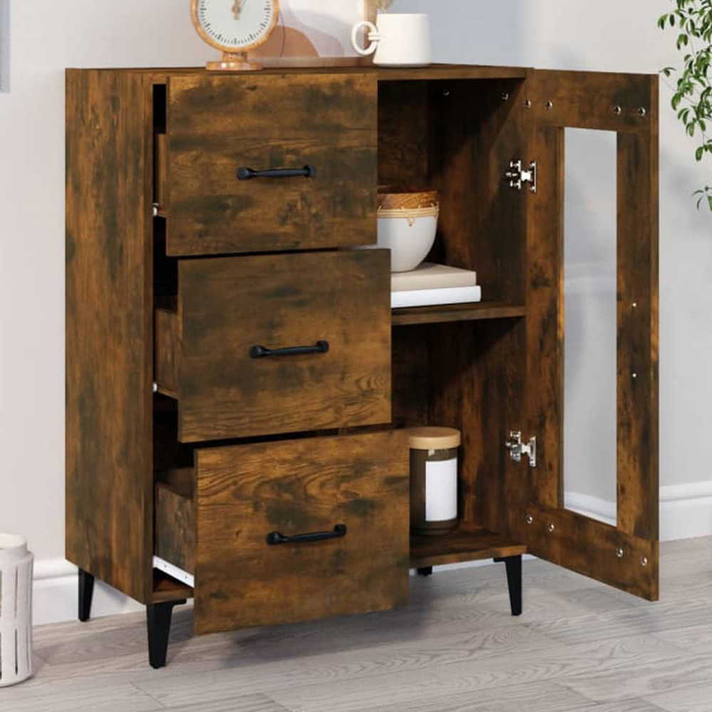 vidaXL Single Glass Door 3 Drawer Smoked Oak Sideboard Image 1