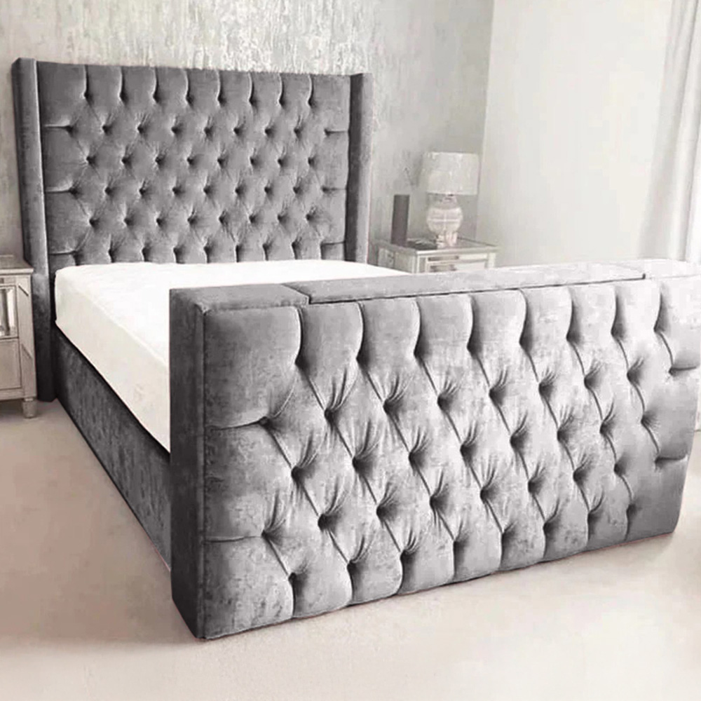Eleganza Home Lokie Double Silver Plush TV Bed Frame with Headboard and Footboard Image 1