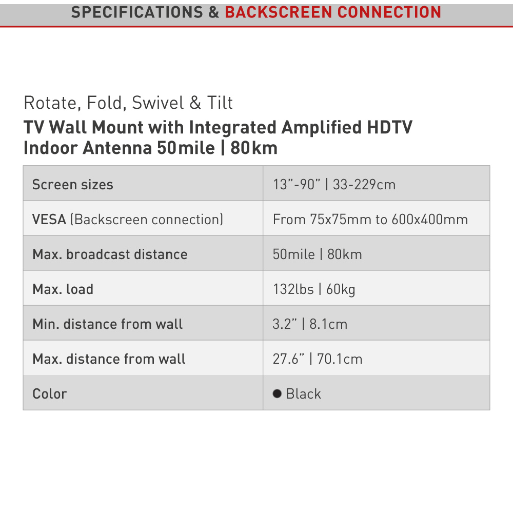 Barkan 13 to 90 inch Multi Position TV Wall Mount with Integrated HDTV Antenna Image 8