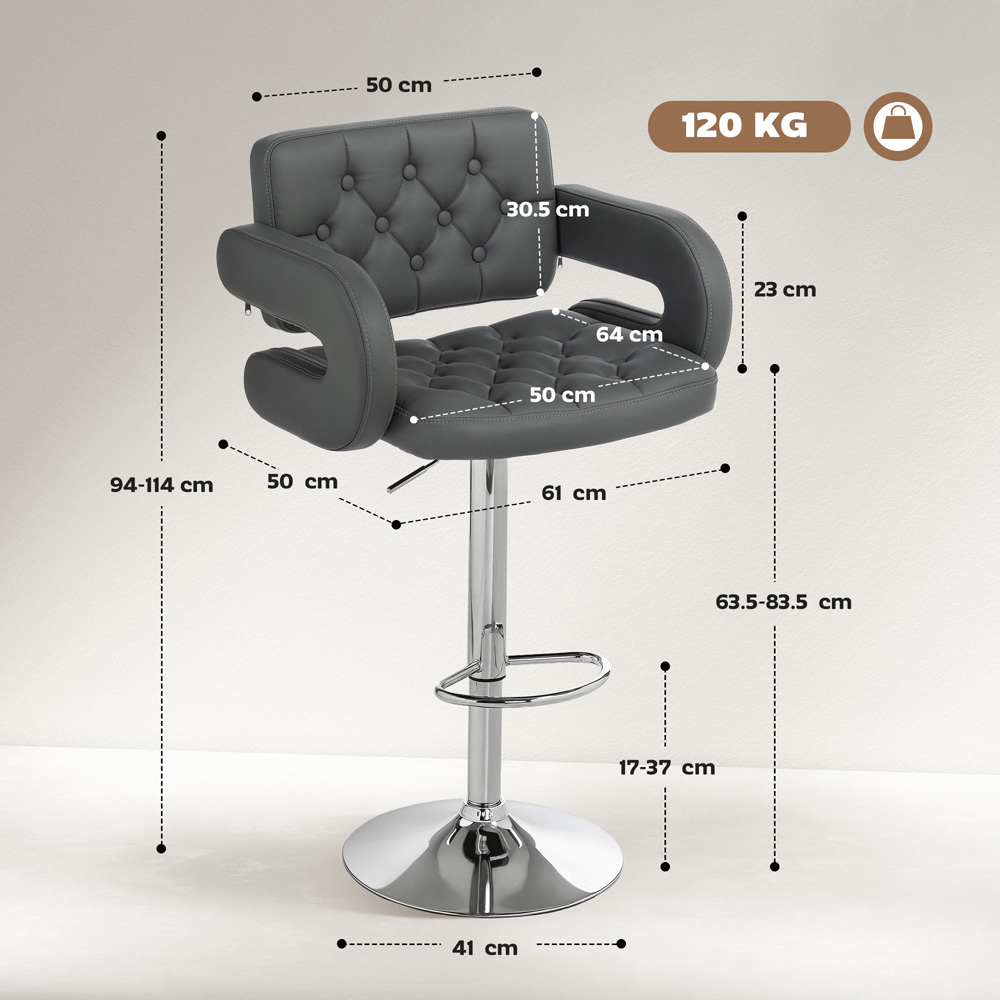 Portland Grey PU Leather Height Adjustable Swivel Bar Stool Image 9