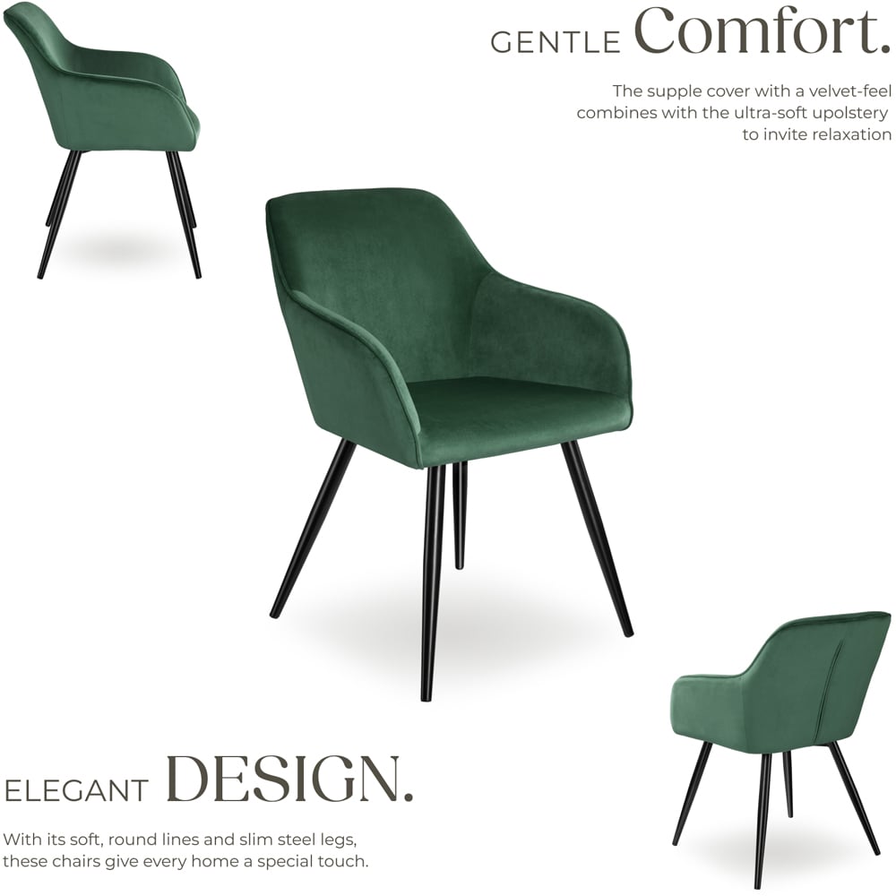 tectake Marilyn Set of 2 Dark Green and Black Velvet Look Padded Dining Chairs Image 3