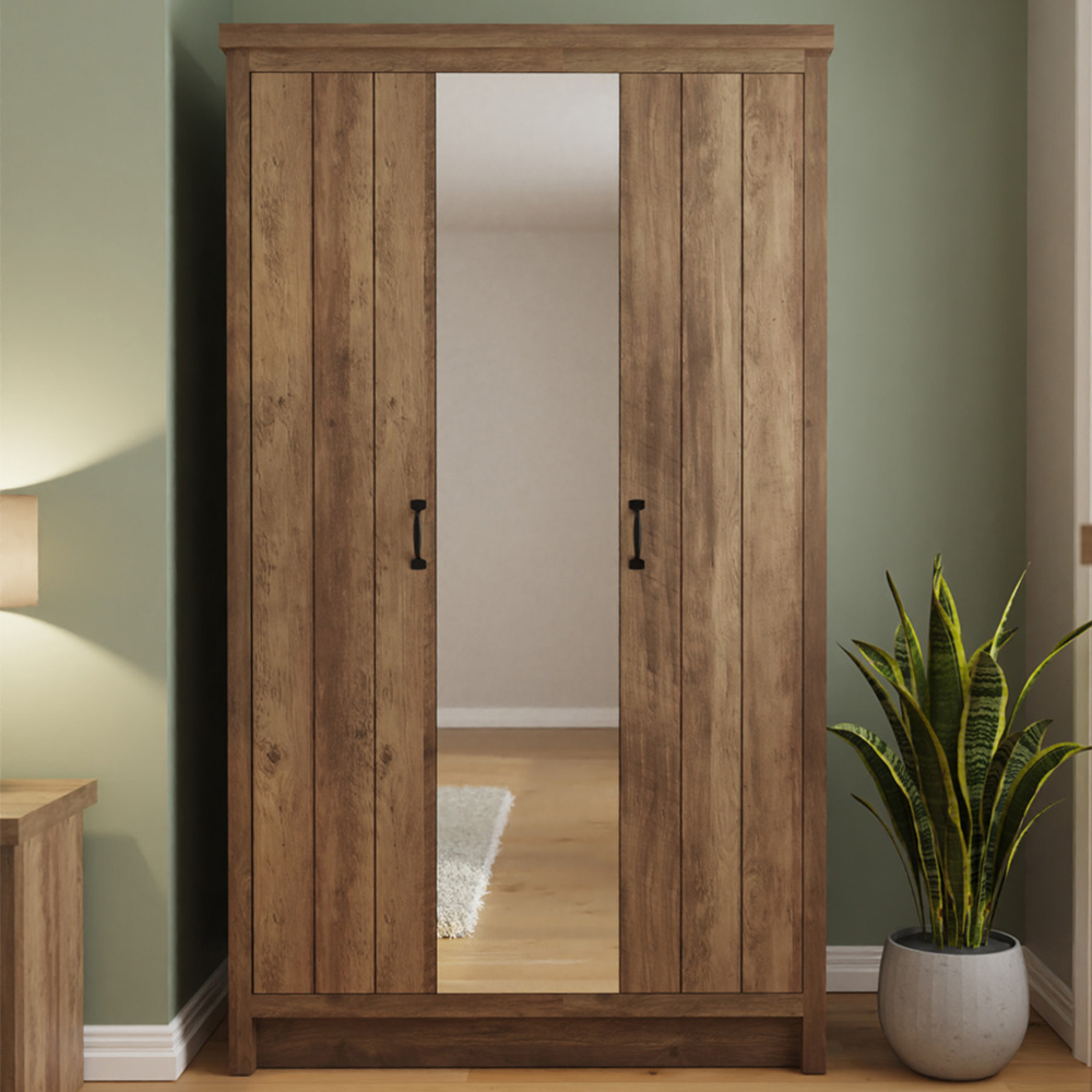 GFW Boston 3 Door Knotty Oak Mirrored Wardrobe Image 1