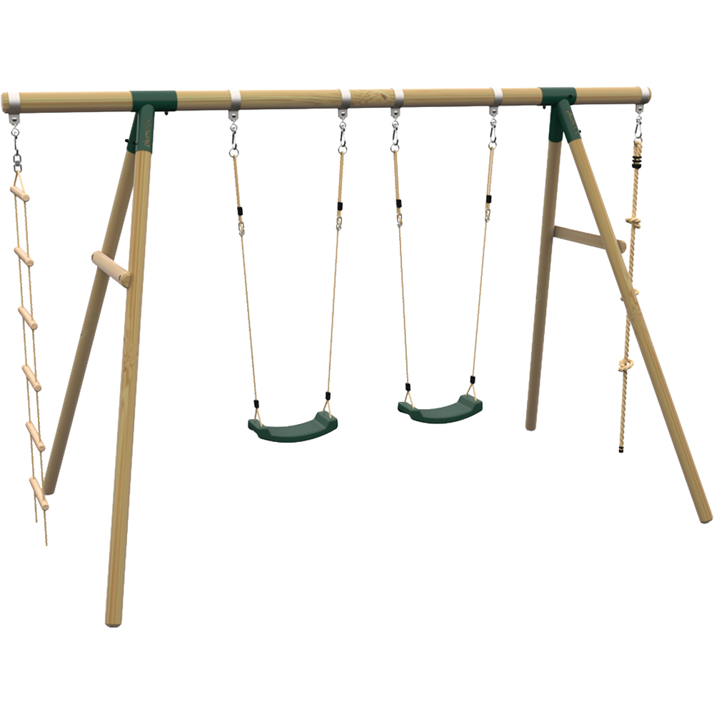 Plum Play Gibbon Wooden Double Swing Set with Climbing Rope and a Cargo Rope Ladder Image 1