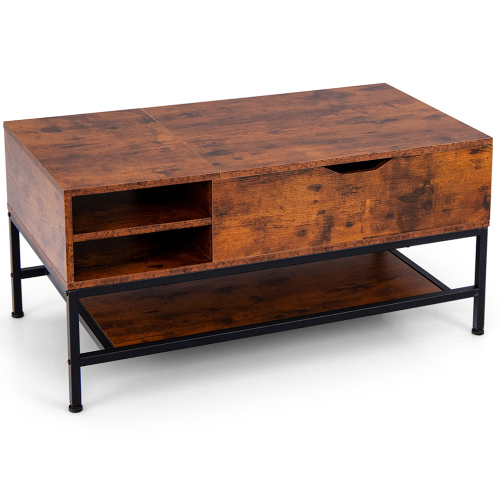 Costway 3 Shelf Rustic Brown Lift Up Top Coffee Table Image 2