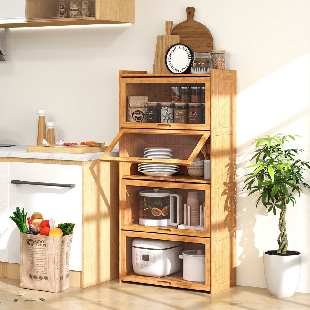 Costway 4 Shelf Natural Bamboo Bookcase with Acrylic Doors Image 5