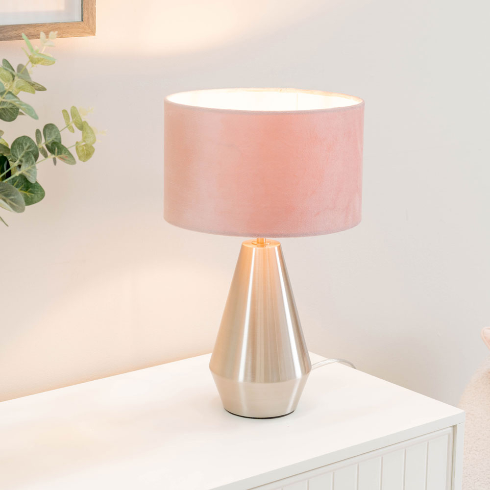 ValueLights Jax Reni Blush Pink Velvet and Chrome Drum Shade Touch LED Table Lamp Image 2