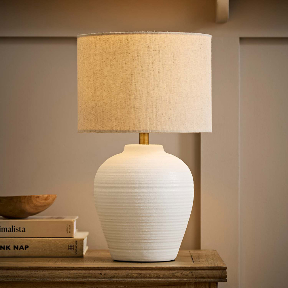 ValueLights Reid Linen Drum Shade White Ribbed Ceramic Small Table Lamp with Bulb Image 5