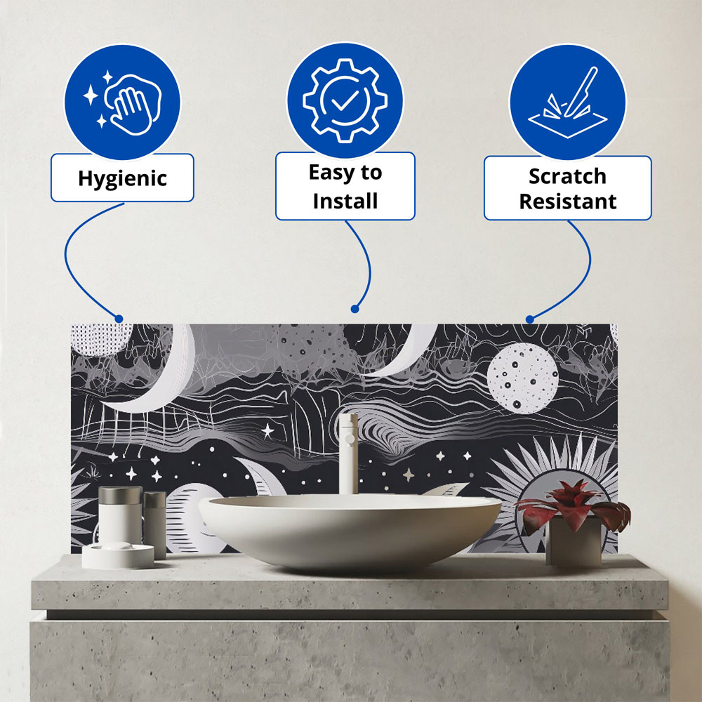 Warren Reed Designer Abstract Black White Moon and Sun Glass Bathroom Splashback 25 x 60cm Image 3