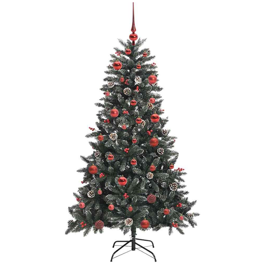 vidaXL Pre-Lit Red Bauble Pinecones Berries Green Snow Flocked Artificial Christmas Tree 5ft Image 2