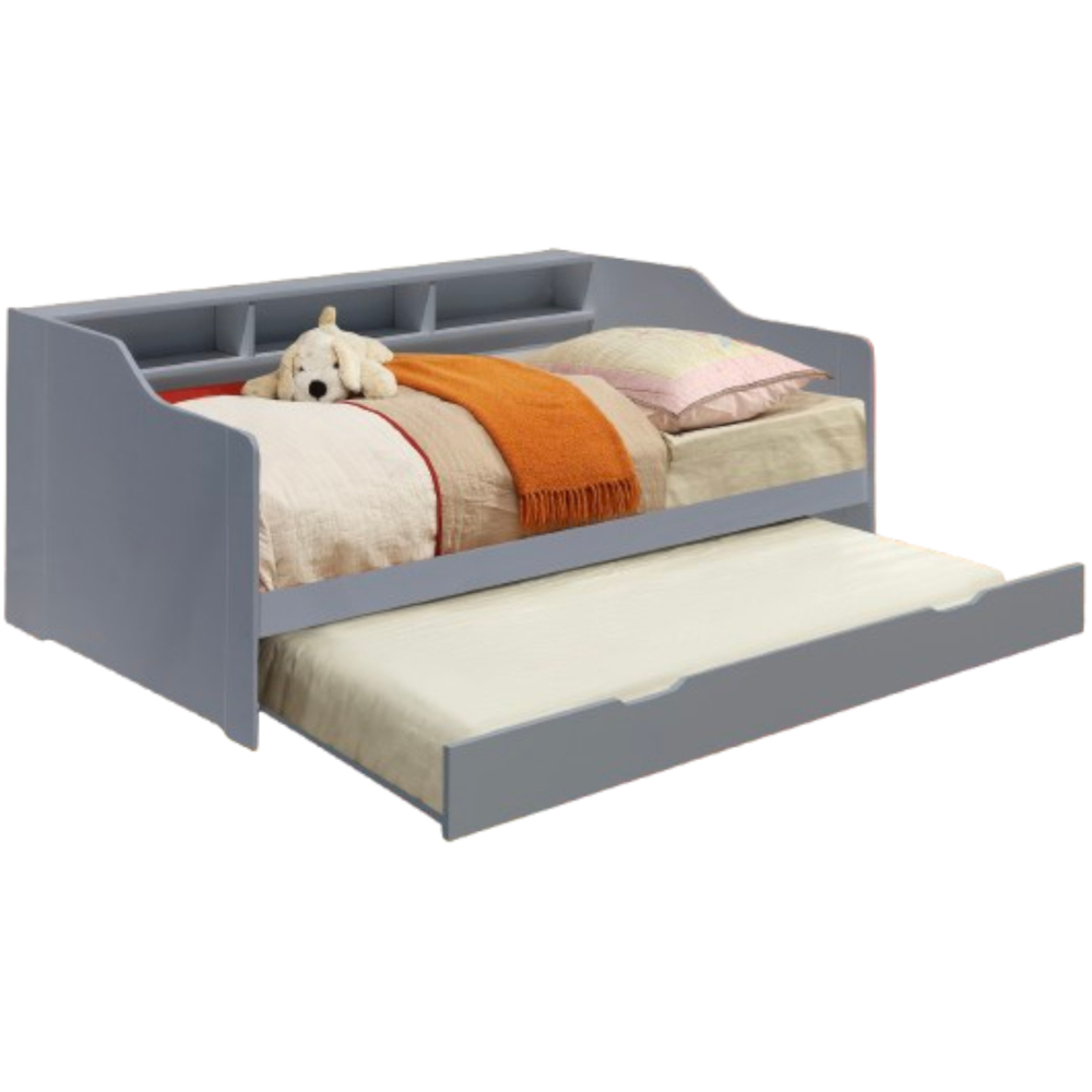 Comfy Living Single Grey Wooden Bed with Trundle and Shelves Image 2