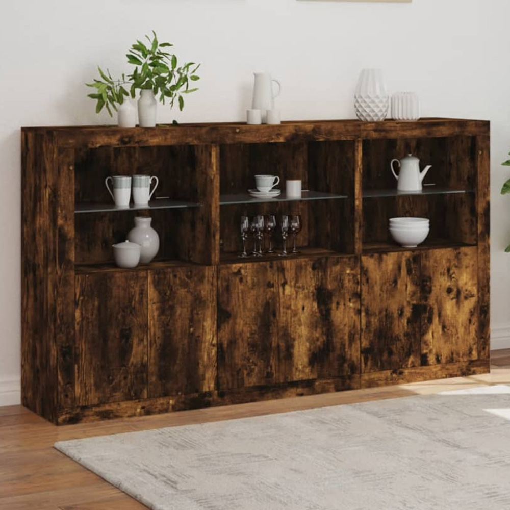 vidaXL 6 Door 6 Shelf Smoked Oak Large Sideboard with LED Lights Image 1