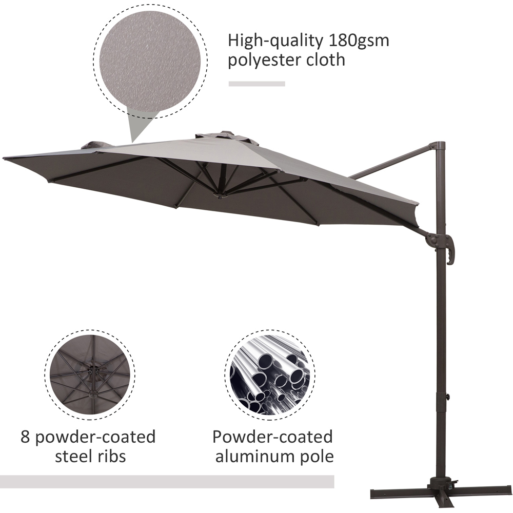 Outsunny Grey Crank and Tilt Rotating Cantilever Parasol with Cross Base 3m Image 6