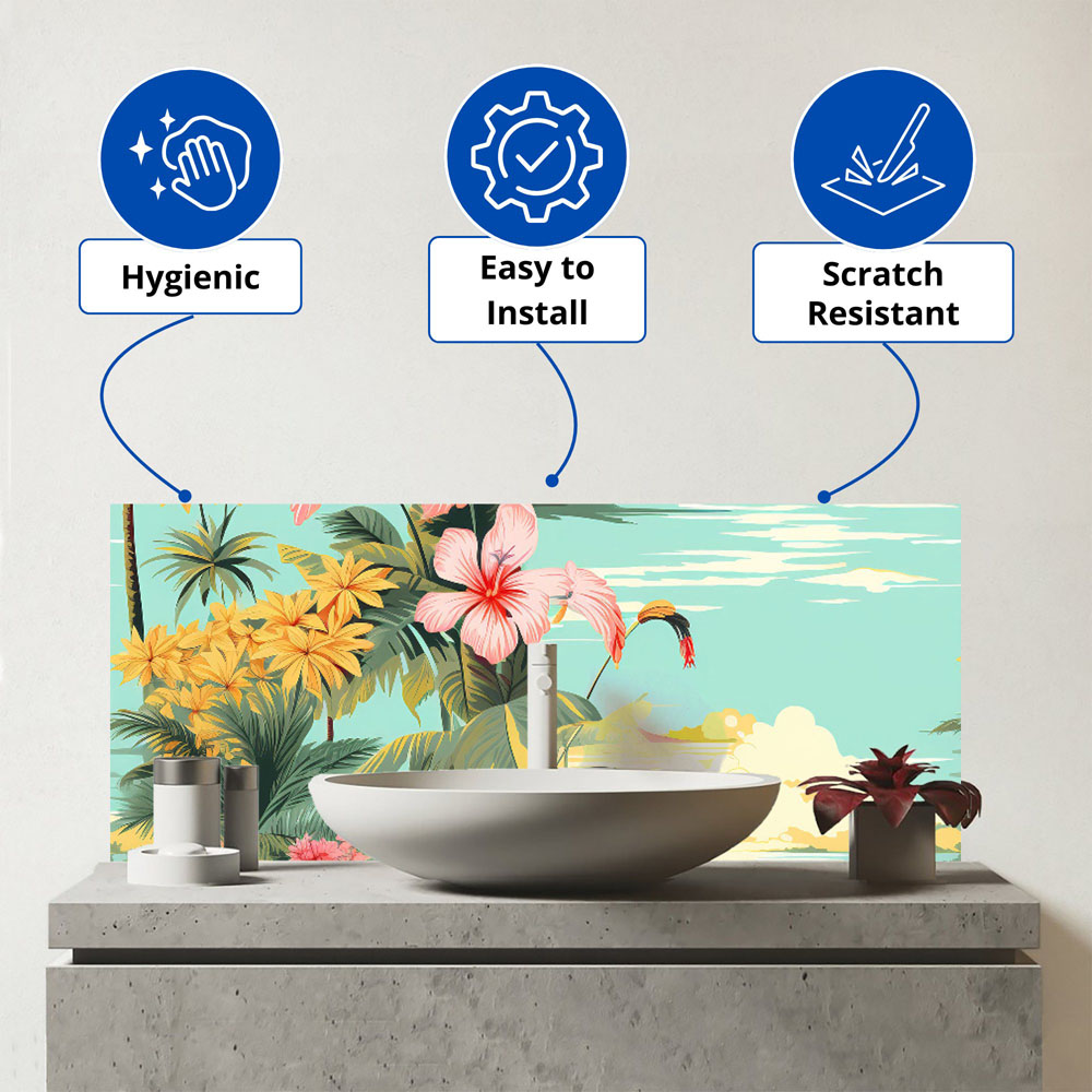 Warren Reed Designer Palm Trees and Hibiscus Glass Bathroom Splashback 25 x 60cm Image 3