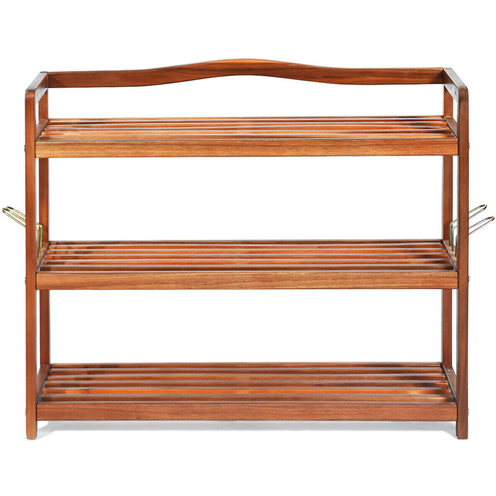 Costway 3 Shelf Solid Acacia Wood Shoe Rack with Side Metal Hooks Image 3