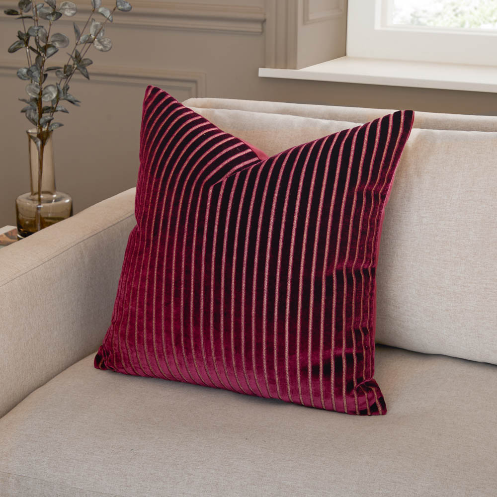 Paoletti Savoy Burgundy Stripe Velvet Reversible Cushion 50 x 50cm Image 2