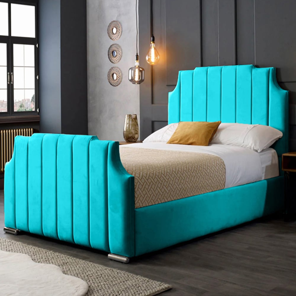 Eleganza Home Nelson Double Teal Plush Velvet Bed Frame with Headboard Image 1