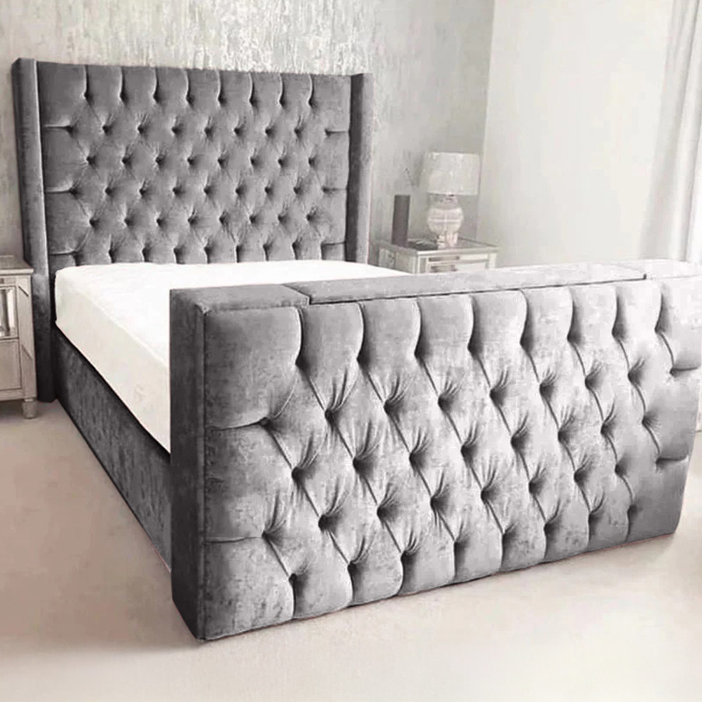 Eleganza Home Lokie Super King Size Silver Plush TV Bed Frame with Headboard and Footboard Image 1