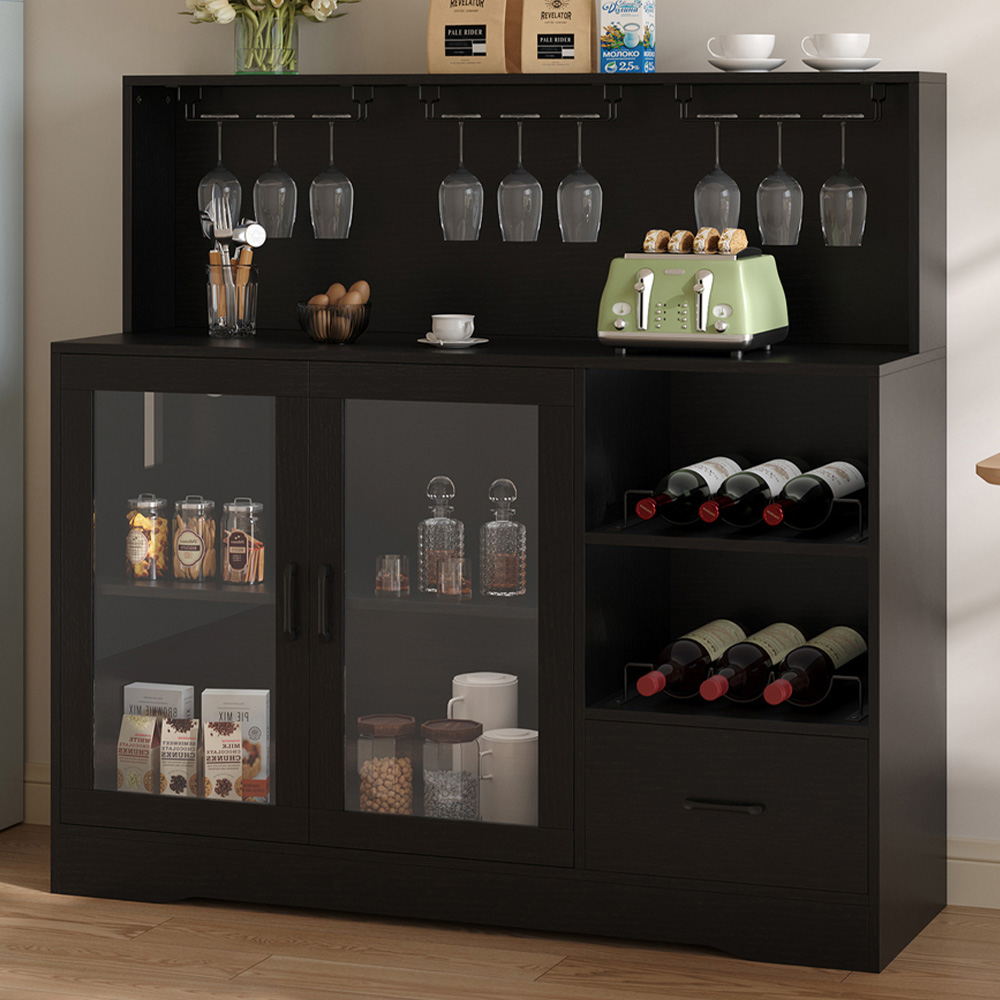 Living and Home 2 Door Single Drawer 3 Shelf Black RGB LED Bar Cabinet with Power Outlet Image 1