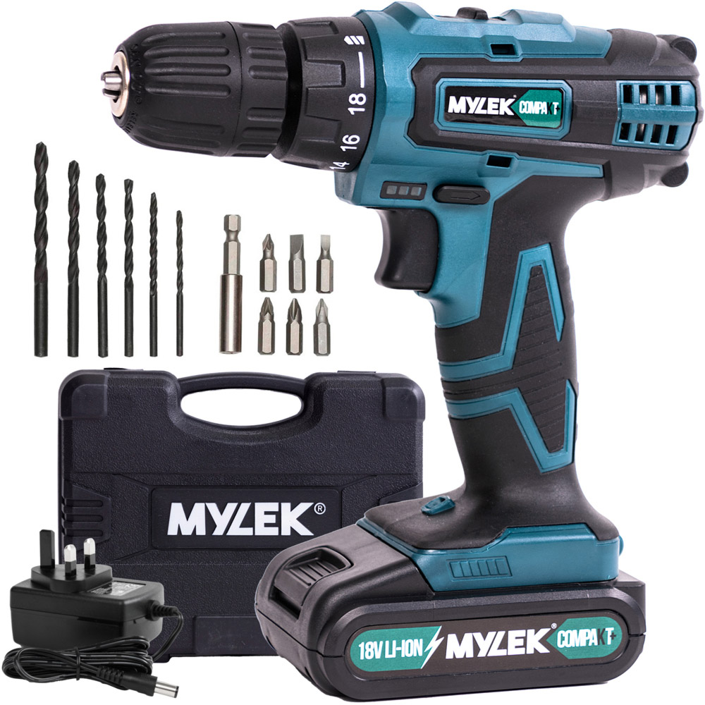 MYLEK 18V Lithium-Ion Drill Drive Including 13 Bits and Carry Case Image 1