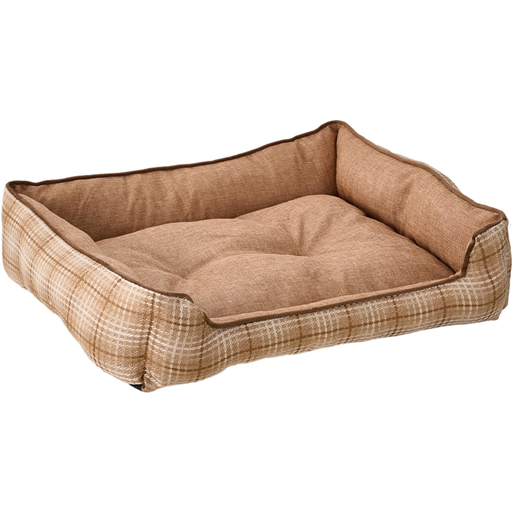 H&O Direct 70cm Khaki Plaid Ultra Soft Chenille Dog Bed with Anti-Slip Bottom Image 1