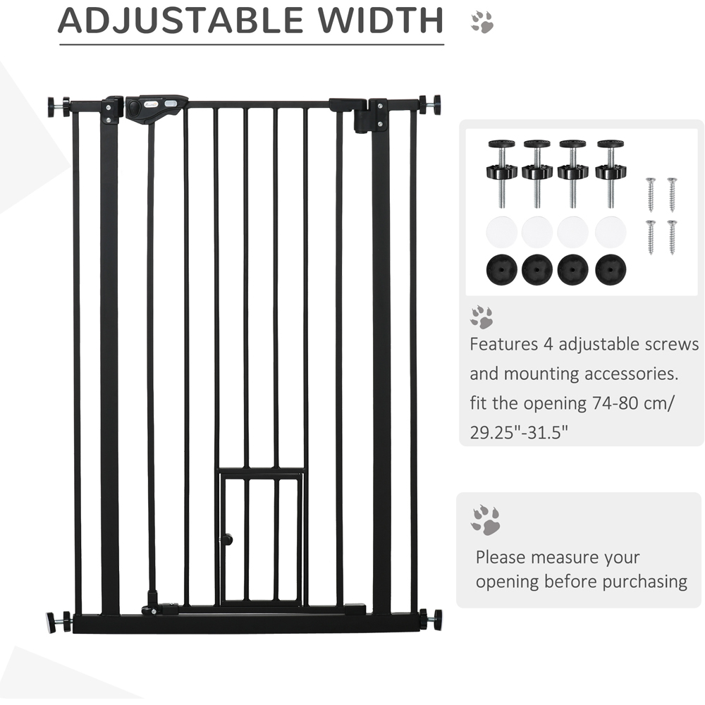 PawHut Black 74-80cm Wide Extra Tall Pet Safety Gate with Cat Flap Image 6