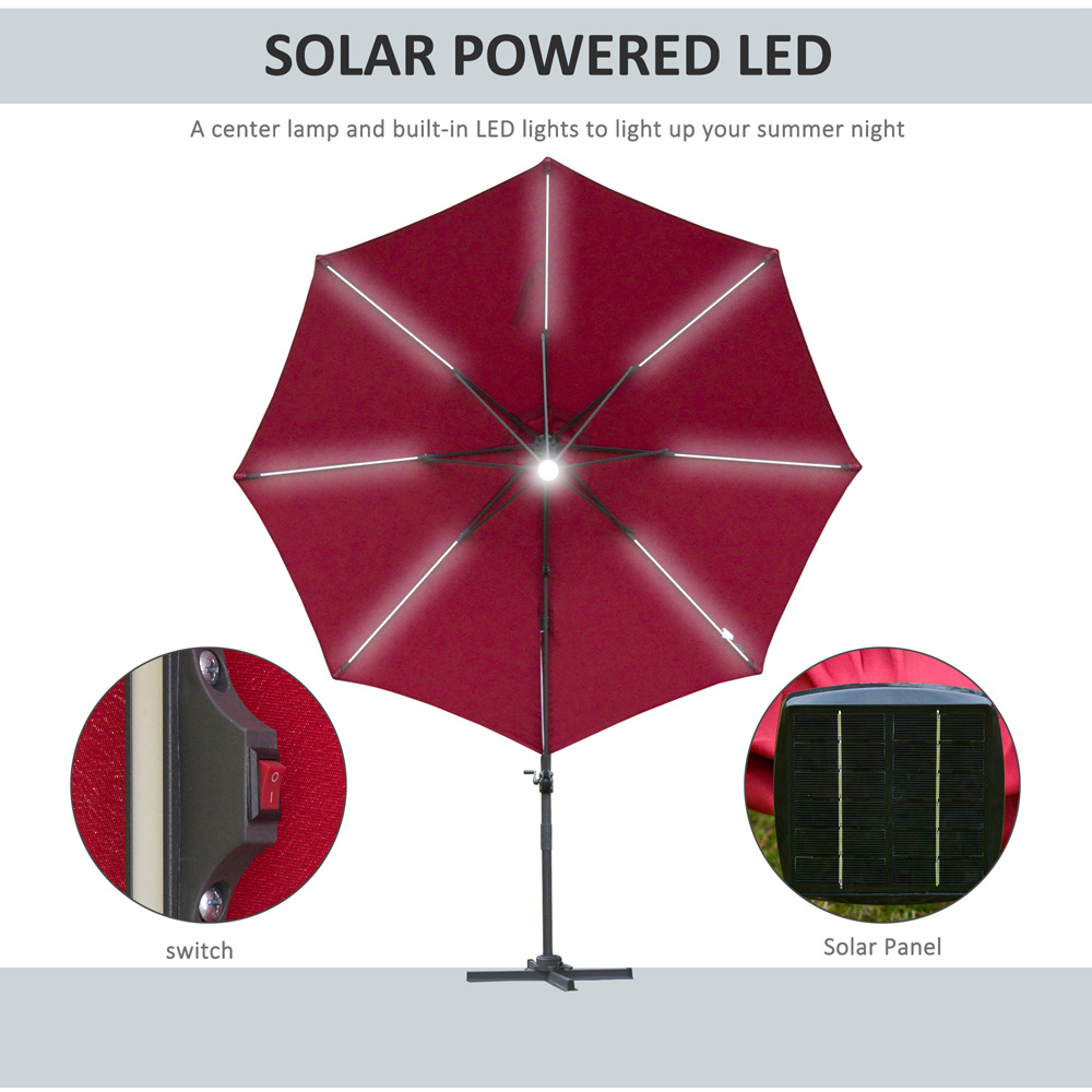 Outsunny Red Solar LED Rotating Cantilever Roma Parasol with Cross Base 3m Image 4