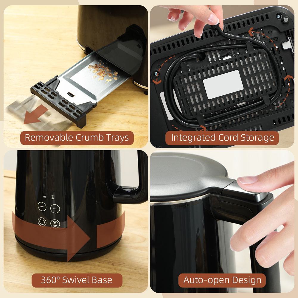 HOMCOM 800-211V70BK Black 1.5L Fast Boil Electric Kettle 3000W and 2 Slice Toaster Set Image 3
