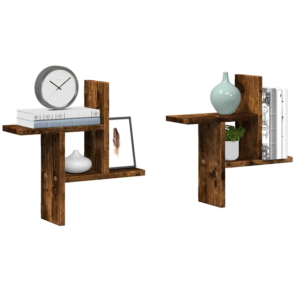 vidaXL Set of 2 3 Shelf Smoked Oak Floating Wall Shelf Image 3